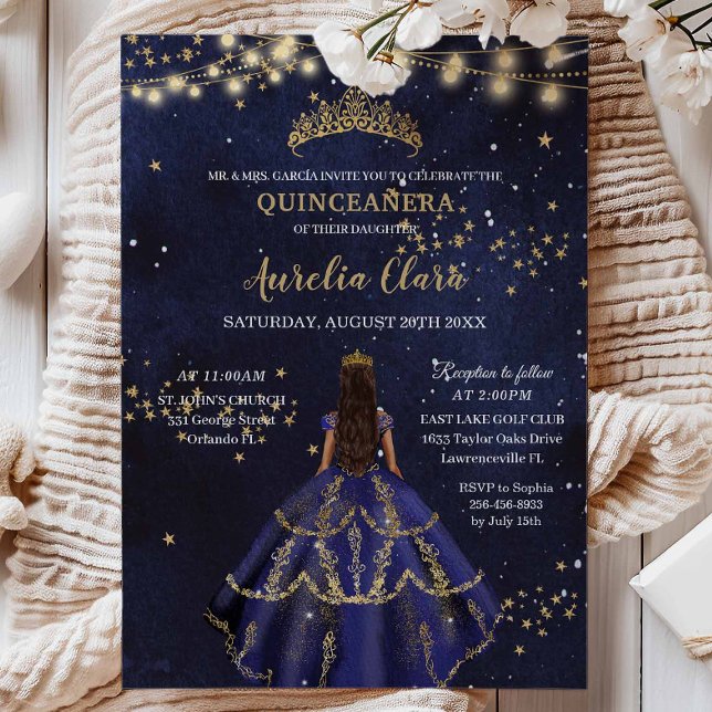 Convites Vestido Azul Marinho Noite Estrelada Chic Dourado  (Criador carregado)