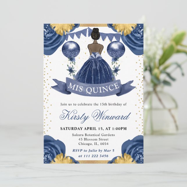 Convites Vestido Azul Marinho Princesa de Pele Morena Quinc (Em pé/Frente)