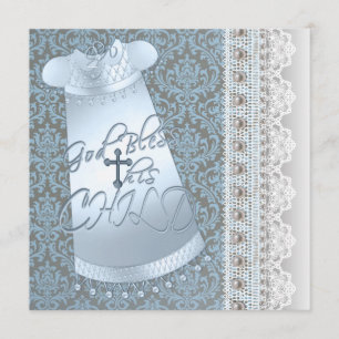 Convites Vestido Azul Marrom Damask Azul Bebê Menino Batiza