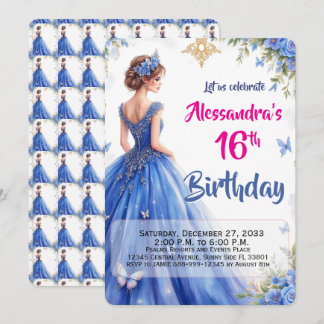 Convites Vestido Azul Moderno 16º Floral Elegante Aniversár