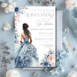 Convites Vestido Azul Poeirento Quinceañera Floral Rosa Mor