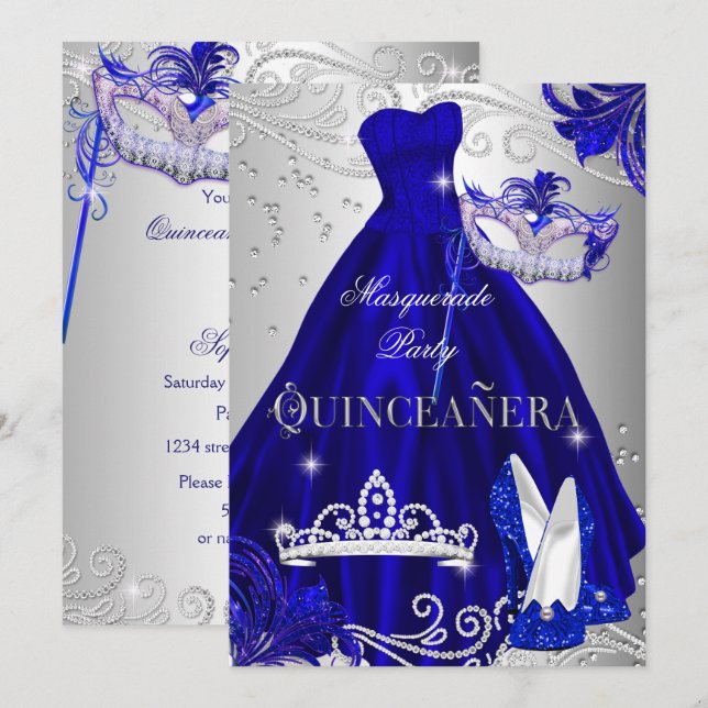 Convites Vestido Azul Prata Quinceanera Mascarada com Salto (Frente/Verso)
