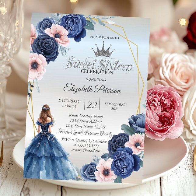 Convites Vestido Azul, Quadro de Flores Azuis Doce 16 (Criador carregado)