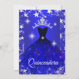 Convites Vestido Azul Real Brilho Tiara Estrelas Quinceaner
