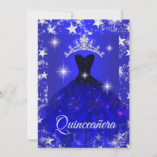 Convites Vestido Azul Real Brilho Tiara Estrelas Quinceaner