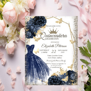 Convites Vestido Azul, Rosas, Borboletas Douradas Quinceañe