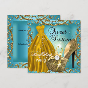 Convites Vestido Azul Turquesa Dourado para Festa de Aniver