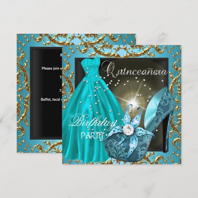 Convites Vestido azul turquesa para festa de 15 anos da qui (Frente/Verso)