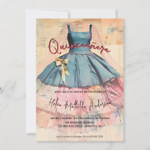 Convites Vestido Azul Vintage Aquarela Quinceanera