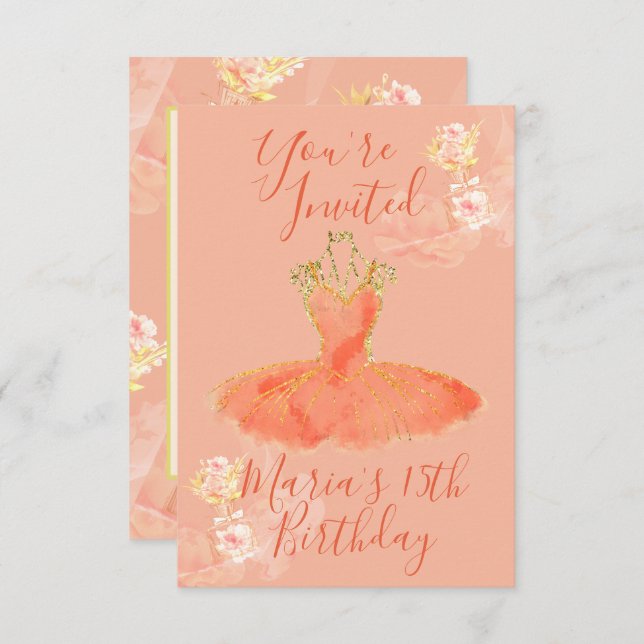 Convites Vestido Bailarina Bola Rosa Dourado de Rosa Perfum (Frente/Verso)
