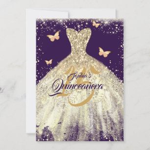 Convites Vestido Borboleta Brilho Dourado Roxo Quinceanera
