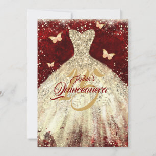 Convites Vestido Borboleta Brilho Dourado Vermelho Quincean