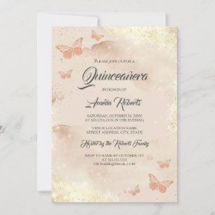 Convites Vestido Borboleta em Aquarela Rose Gold Quinceaner