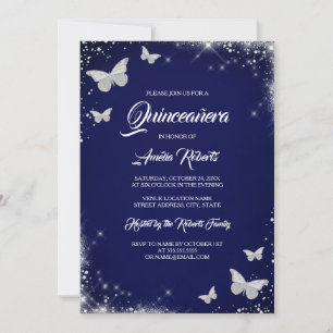 Convites Vestido Borboleta Prata Navy em Aquarela Quinceane