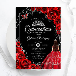 Convites Vestido Borboleta Prata Vermelho de Quinceanera Fl