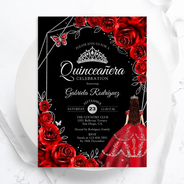 Convites Vestido Borboleta Prata Vermelho de Quinceanera Fl (Criador carregado)