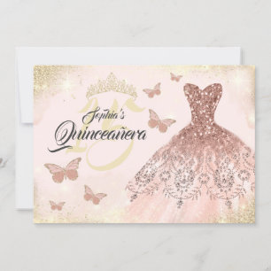 Convites Vestido Borboleta Quinceanera Dourado Rosa