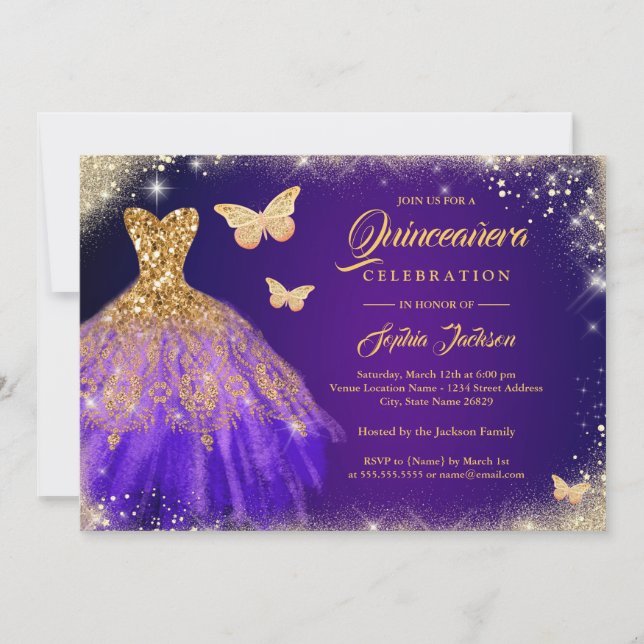 Convites Vestido Borboleta Quinceanera Roxo Dourado Brilhan (Frente)