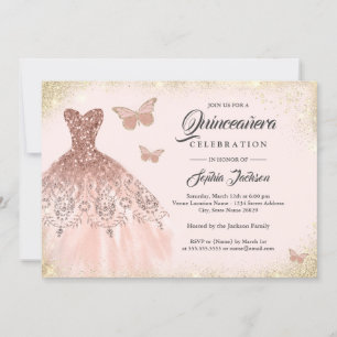 Convites Vestido Borboleta Rosa Dourado Brilho Quinceanera 