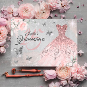 Convites Vestido Borboleta Rosa Dourado Brilho Quinceanera