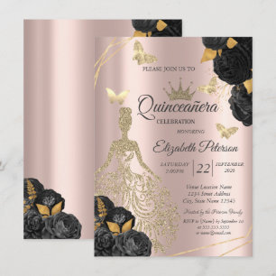 Convites Vestido, Borboleta Rosas Pretas Rosa Dourada Quinc
