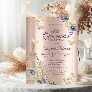 Convites Vestido, Borboletas Flores Rosa Dourado Quinceañer