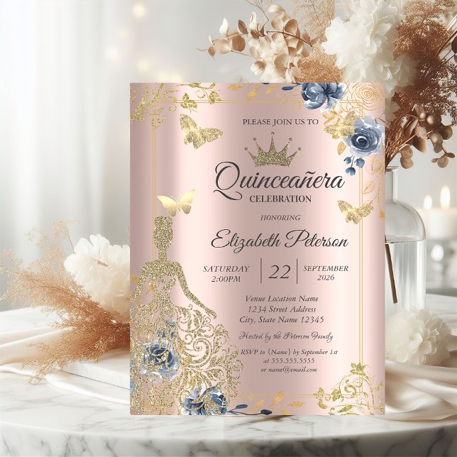 Convites Vestido, Borboletas Flores Rosa Dourado Quinceañer (Criador carregado)