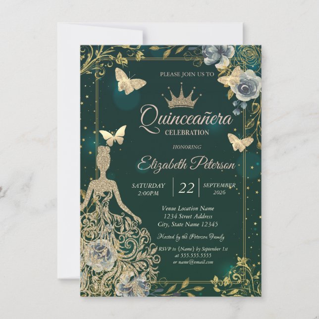 Convites Vestido, Borboletas Flores Verde Quinceañera (Frente)