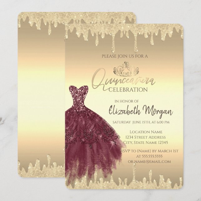 Convites Vestido Borgonha, Brilho Dourado Quinceañera  (Frente/Verso)