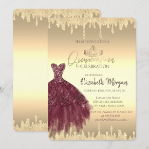 Convites Vestido Borgonha, Brilho Dourado Quinceañera