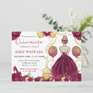 Convites Vestido Borgonha Cabelo Loiro Princesa Quinceanera