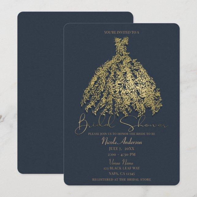 Convites Vestido Botânico Dourado e Azul Rústico para Chá d (Frente/Verso)