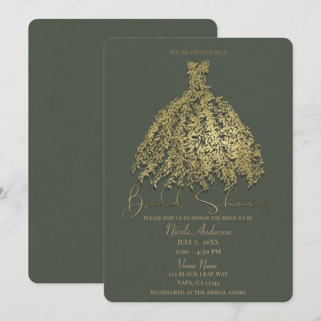 Convites Vestido Botânico Dourado e Verde Rústico para Chá  (Frente/Verso)