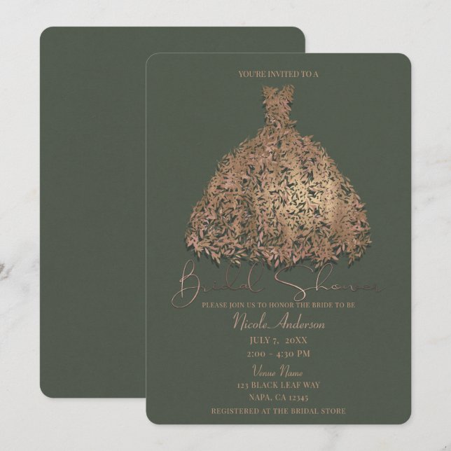 Convites Vestido Botânico Rose Gold Verde Chá de Noiva (Frente/Verso)