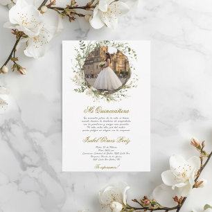 Convites Vestido branco Quinceanera com imagem em espanhol