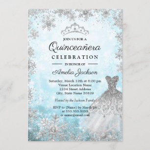 Convites Vestido Brilhante Azul Flocos de Neve Inverno Quin