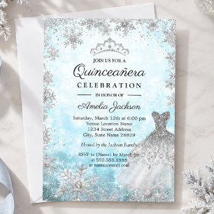 Convites Vestido Brilhante Azul Flocos de Neve Inverno Quin