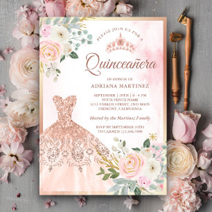 Convites Vestido Brilhante Bege Floral Rosa Dourado Quince