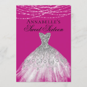 Convites Vestido brilhante de diamante rosa e prata doce 16