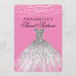 Convites Vestido brilhante de diamante rosa e prata doce 16