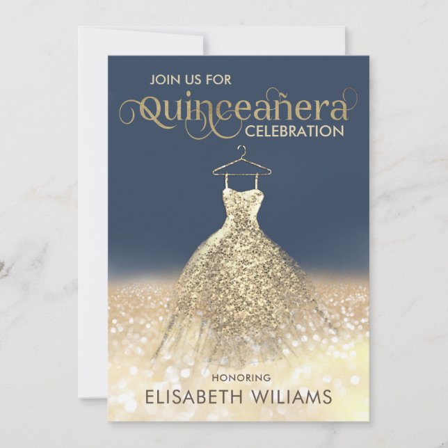 Convites Vestido brilhante Dourado ombre Quinceañera Invi (Frente)