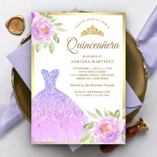 Convites Vestido Brilhante Lilás Roxo Floral Dourado Quince