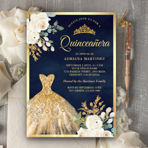Convites Vestido Brilhante Marfim Floral Azul Marinho Doura