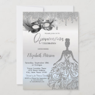 Convites Vestido Brilhante Masque Drips Prata Quinceanera