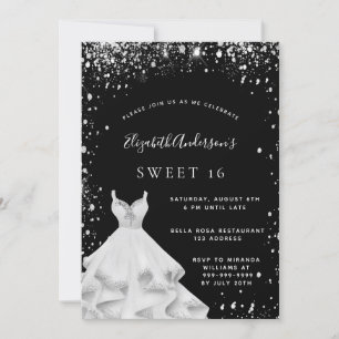 Convites Vestido brilhante prateado preto Doce 16