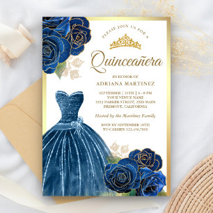 Convites Vestido Brilhante Rosas Azuis Navy Dourado Quincea