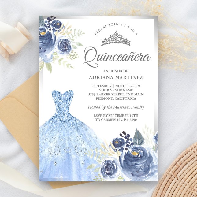 Convites Vestido Brilhante Rosas Azuis Suaves Prata Quincea (Criador carregado)