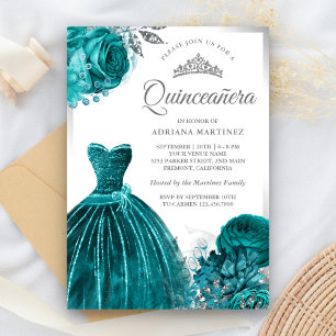 Convites Vestido Brilhante Rosas Teal Prata Quinceanera