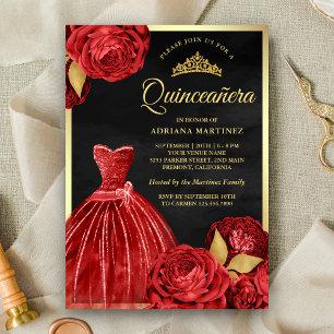 Convites Vestido Brilhante Rosas Vermelhas Preto Dourado Qu