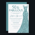 Convites Vestido brilhante verde azul lacrimogêneo 50ª Fest<br><div class="desc">Teal Blue Glitter Vestir 50ª Variações do Convite de aniversário para o convite e itens correspondentes em nossa loja</div>